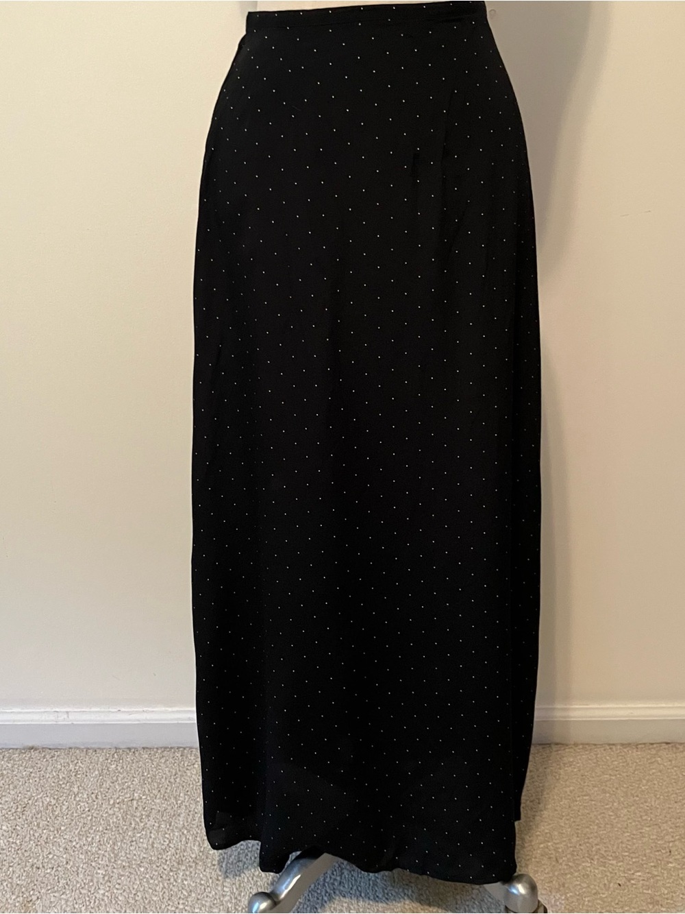 VTG 90s Maxi Skirt Sz 8 Polka Dot Black   Rayon Side Zip Elastic Back Modest